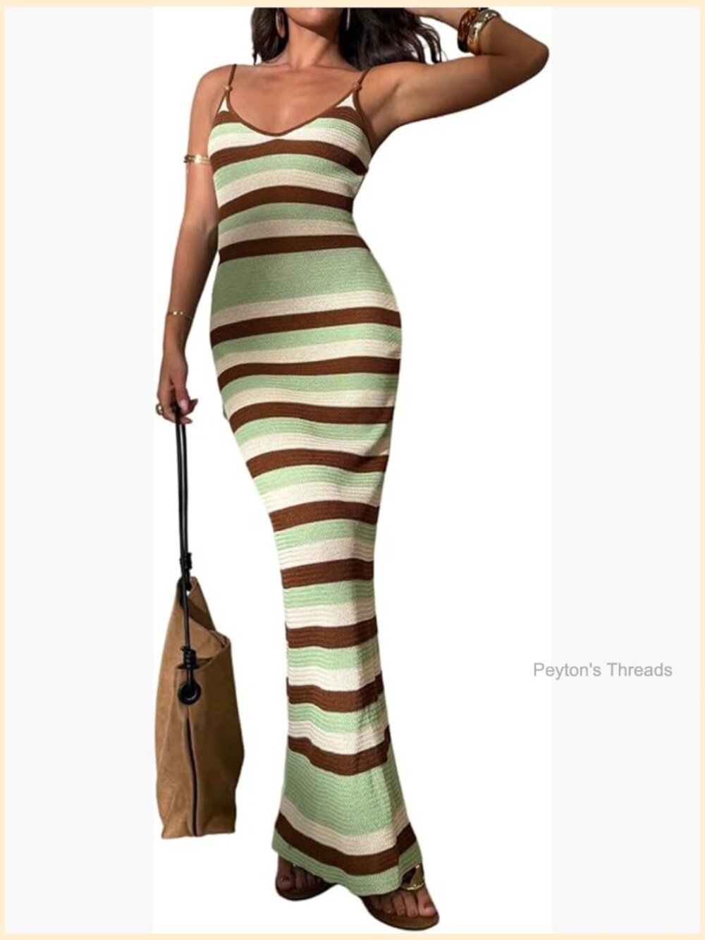 Striped Crochet Knit Sweater Dress Tie Back Bodycon Maxi Dress